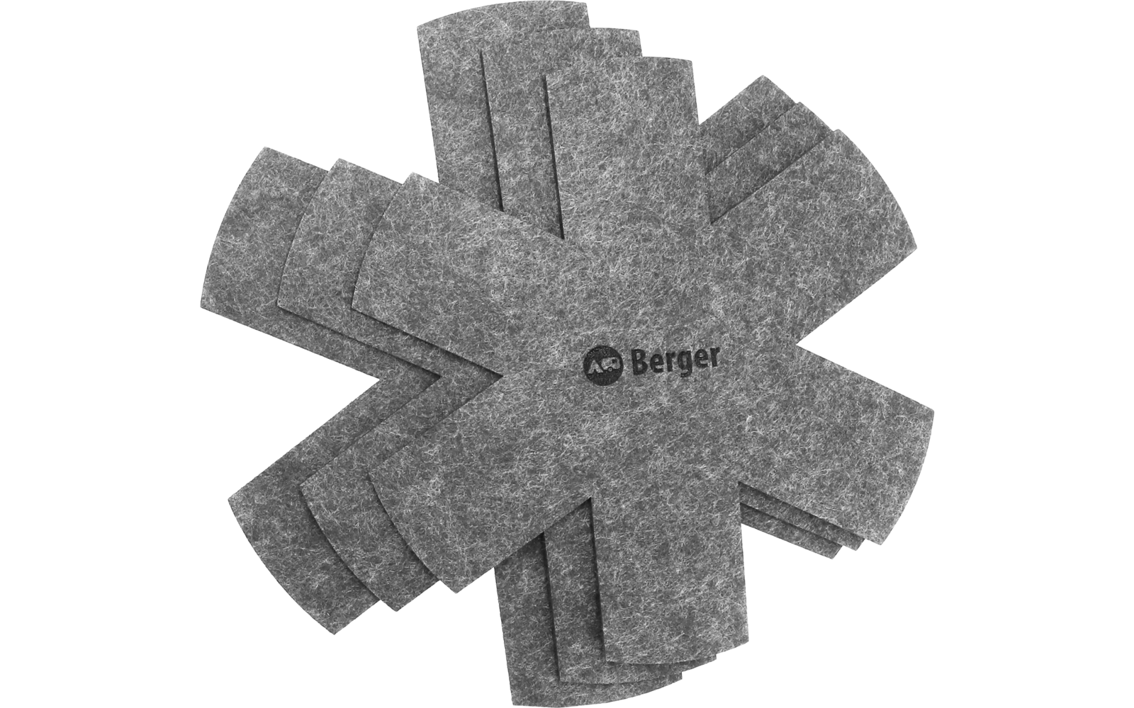 Grijs, stervormig object van overlappende rechthoekige segmenten met de opdruk 'Berger' en een rond logo