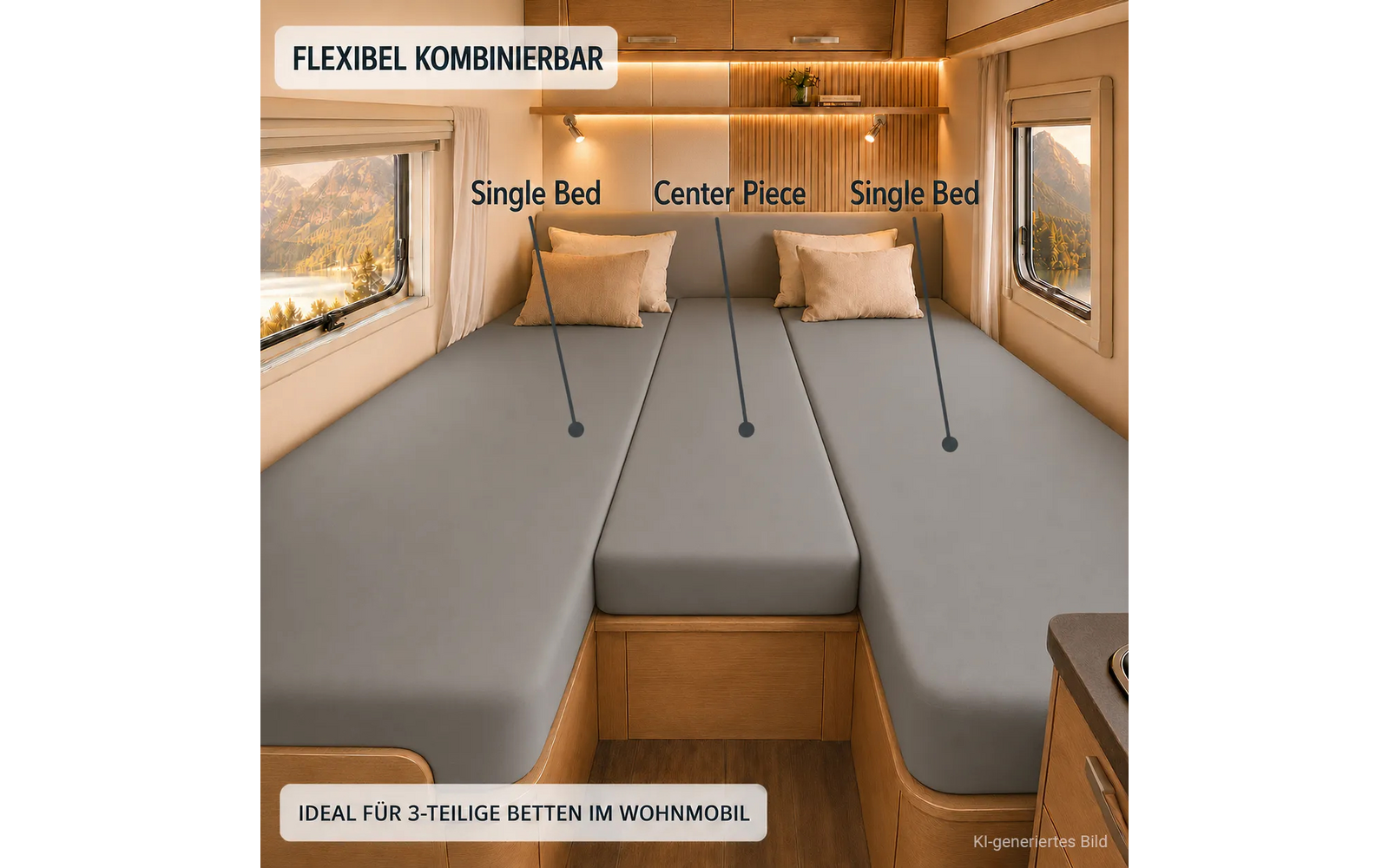 Interieur met drie grijze matrassen naast elkaar, twee ramen met gordijnen en bergzicht, houten afwerking, drie kussens, pijlaanduidingen 'Single Bed', 'Center Piece', 'Single Bed' en tekstlabels 'FLEXIBEL KOMBINIERBAR' en 'IDEAL FÜR 3-TEILIGE BETTEN IM WOHNMOBIL'