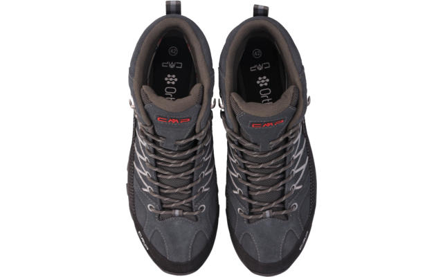 Zwei graue, geschnürte Schuhe von oben, CMP-Logo auf den Zungen, Größenangabe 42 im Innenfutter