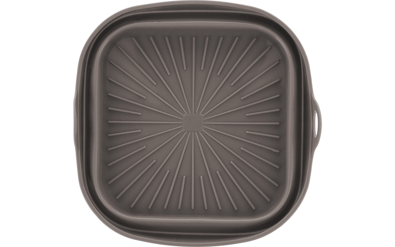 Oggetto quadrato con angoli arrotondati di colore grigio scuro, bordo piatto, piccolo quadrato al centro con scanalature radiali, piccola linguetta maniglia su un lato