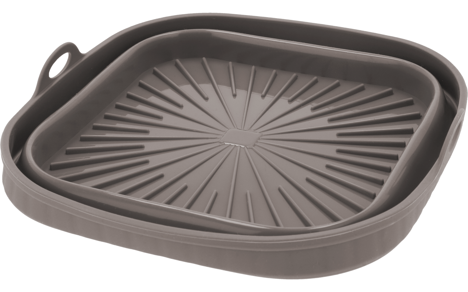 Tappetino quadrato grigio con bordo rialzato, scanalature radiali al centro e un foro rotondo per appendere in un angolo