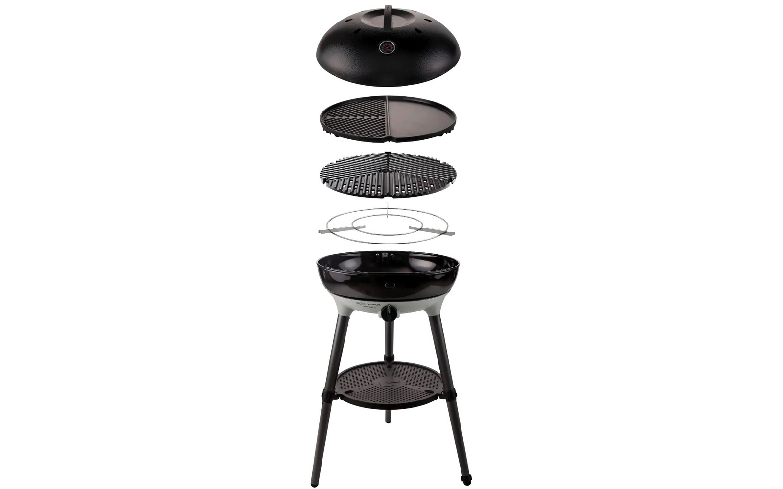 Zwarte ketelgrill met grillrooster, houtskoolmand en plank, weergegeven in exploded view
