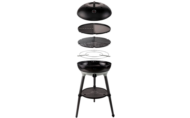 Zwarte ketelgrill met grillrooster, houtskoolmand en plank, weergegeven in exploded view