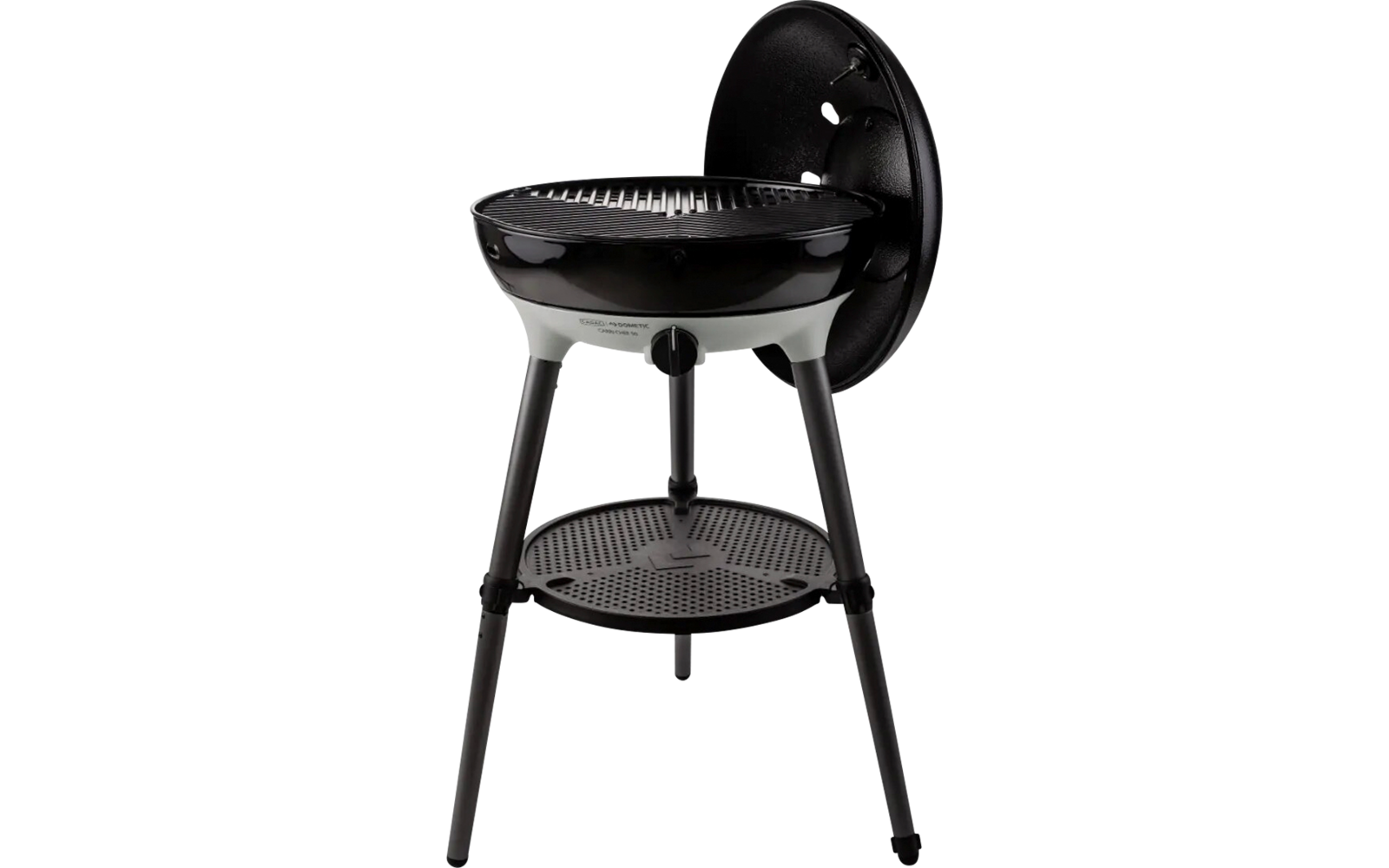 Schwarzer Holzkohlegrill mit rundem Grillrost und Ablagefläche unten