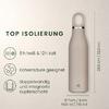 Beige Trinkflasche rechts, Überschrift 'TOP ISOLIERUNG', drei Icons mit Texten '8h heiß & 12h kalt', 'Kohlensäure geeignet', 'doppelwandig und integrierte Kupferschicht', senkrechte Maßangabe '28,5 cm / 32,0 cm' und unten 'Ø 7 cm / 8 cm 500 ml / 750 