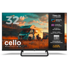 Platte televisie op een standaard, scherm toont een camper met twee personen ernaast, oranje lucht met wolken, en rechts productteksten '32"', 'cello', 'Full HD 1080', 'Tizen OS' en '3 jaar garantie'