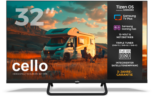 Platte televisie op een standaard, scherm toont een camper met twee personen ernaast, oranje lucht met wolken, en rechts productteksten '32"', 'cello', 'Full HD 1080', 'Tizen OS' en '3 jaar garantie'