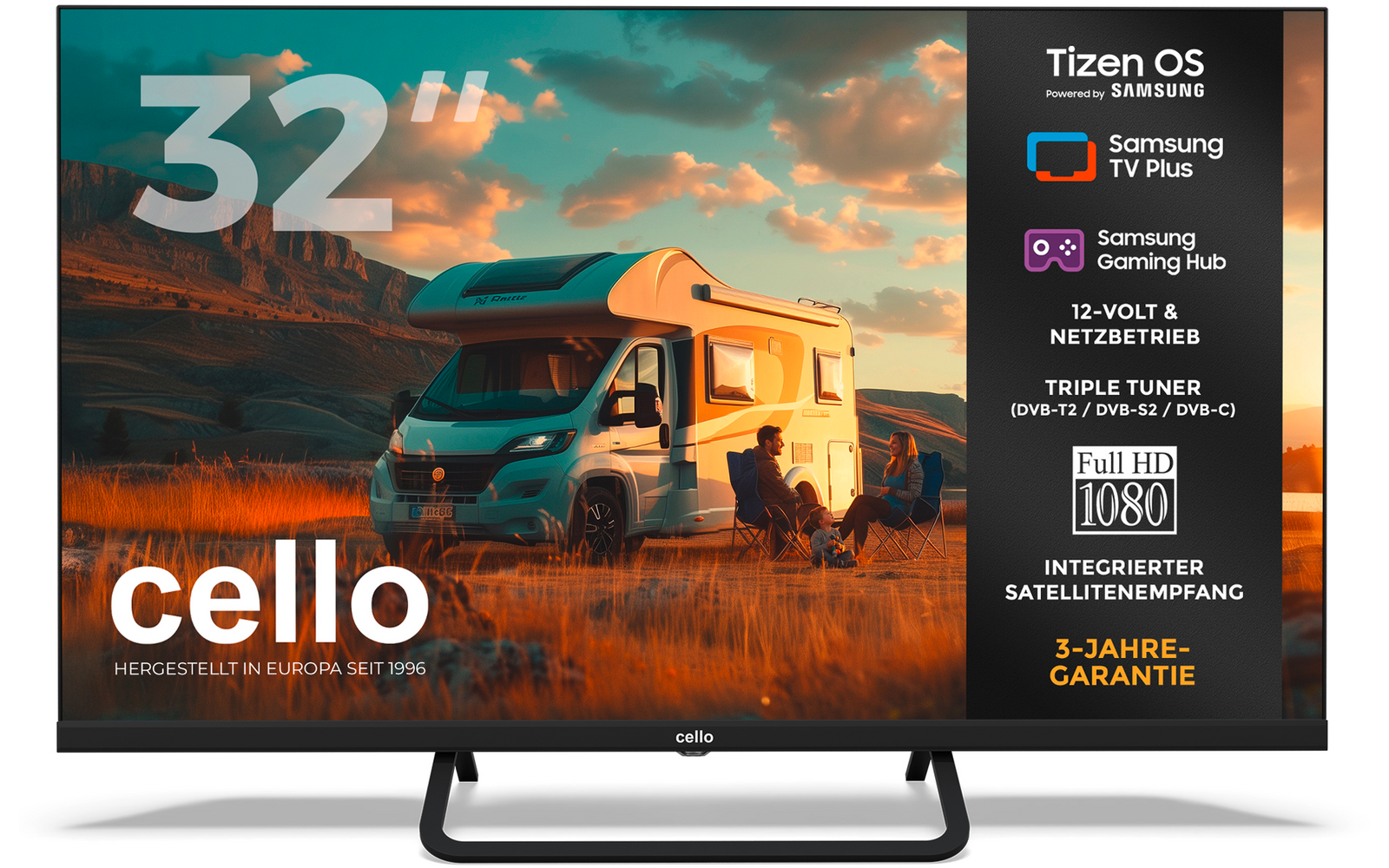 Platte televisie op een standaard, scherm toont een camper met twee personen ernaast, oranje lucht met wolken, en rechts productteksten '32"', 'cello', 'Full HD 1080', 'Tizen OS' en '3 jaar garantie'