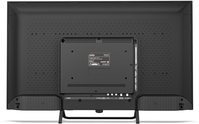 Achterzijde van een flatscreen-tv met een rechthoekig middenpaneel, ventilatieopeningen, aansluitingen onderaan en een tweepotige standaard