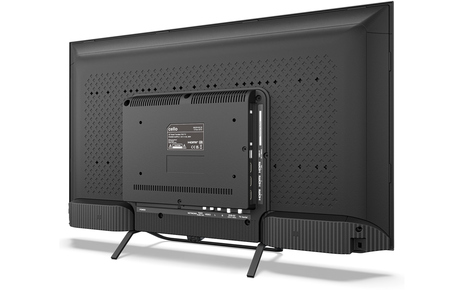 Achteraanzicht van een flatscreen-tv met centrale aansluitmodule, ventilatieopeningen, twee poten en een zichtbare kabel