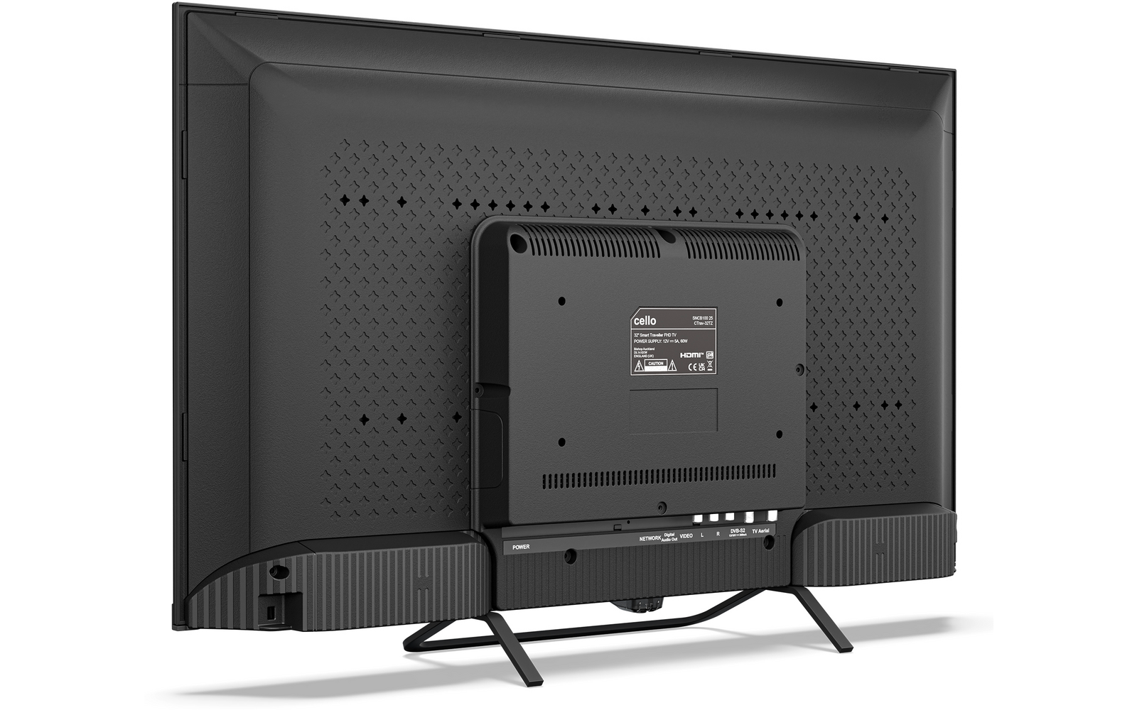 Achterkant van een flatscreen-tv op twee voetjes, met ventilatieopeningen, aansluitpaneel en fabrikantslabel