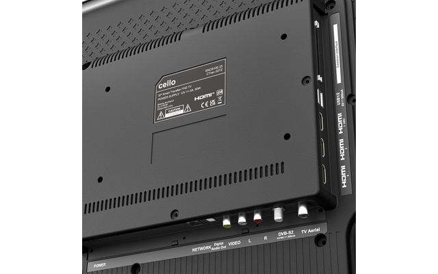 Achterzijde van een zwarte televisie met label 'cello', ventilatieopeningen en zichtbare aansluitingen: aan de zijkant HDMI- en USB-poorten, onderaan netwerk-, audio-, video-, L/R-aansluitingen, DVB-S2 antenneconnector en voedingsaansluiting