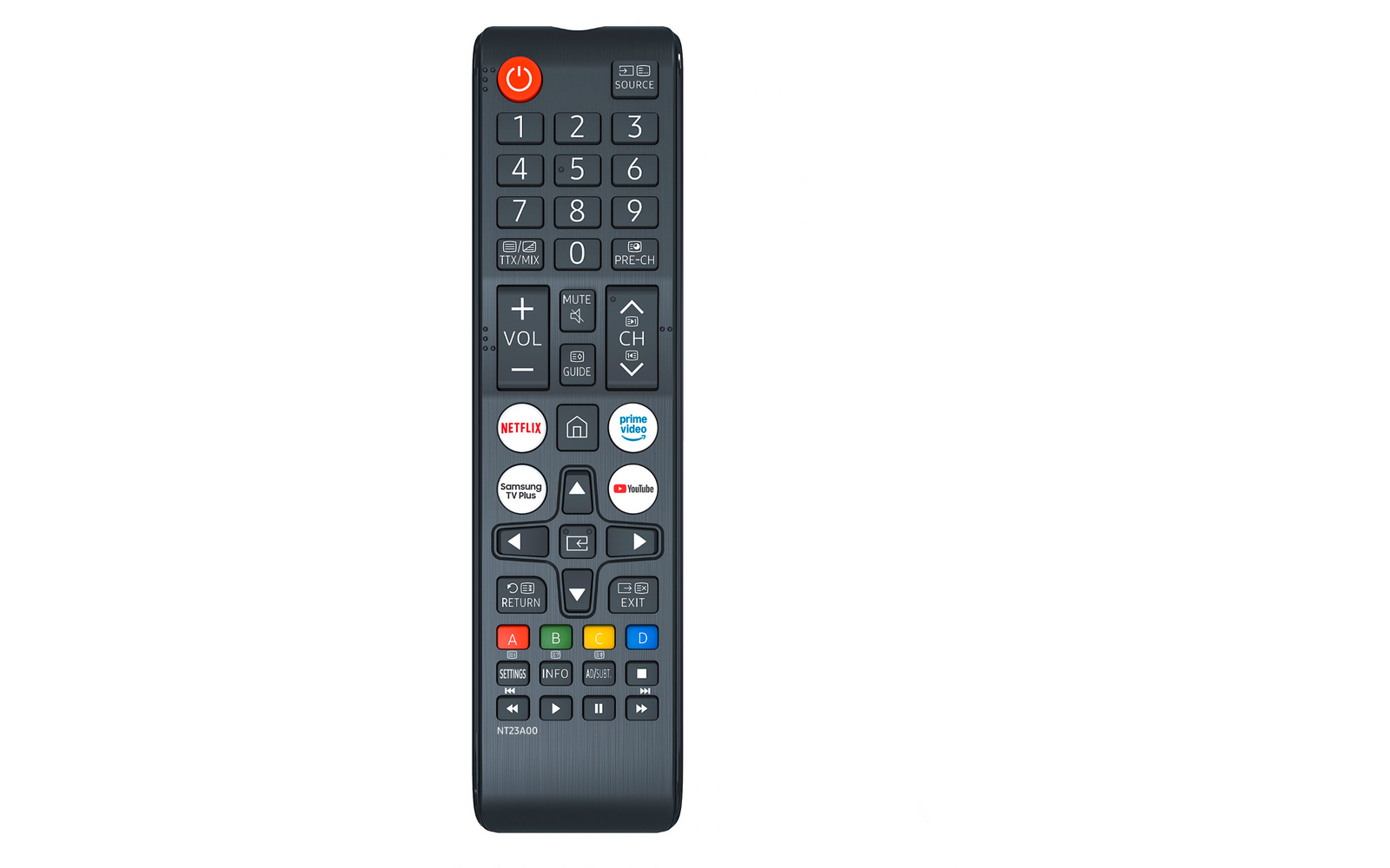 Zwarte tv‑afstandsbediening in staande stand met rood aan/uit‑knop, cijferblok, volume‑ en kanaalknoppen, richtingknop, afspeel‑ en gekleurde functietoetsen en Netflix-, Prime Video- en YouTube‑logo's