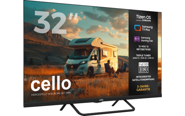 Televisor de pantalla plana sobre soporte que muestra un gran "32\"", una autocaravana en un campo de hierba al atardecer, dos personas junto a la autocaravana, el logotipo "cello" abajo a la izquierda y una barra negra a la derecha con iconos y textos como "Tizen OS", "Samsung TV Plus" y "Full HD 1080"