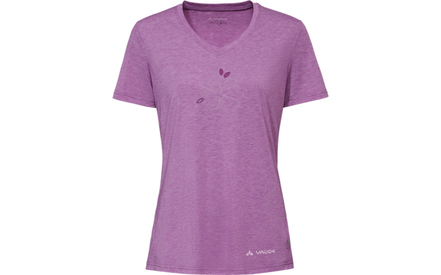 Lila V-Ausschnitt-T-Shirt, kurzärmlig, melierter Stoff, dezente Blumen-Skizze mittig, kleines Logo am Saum