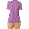 Person seen from behind with a brown ponytail, purple T-shirt and beige pants