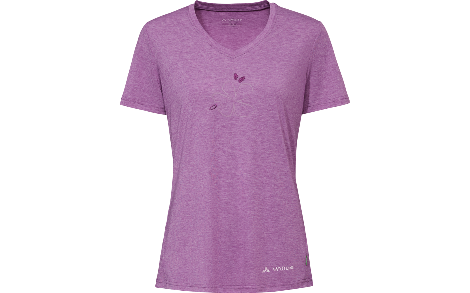 Purple V-neck T-shirt, short sleeves, heathered fabric, subtle flower outline at center, small logo on hem