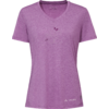 Purple V-neck T-shirt, short sleeves, heathered fabric, subtle flower outline at center, small logo on hem