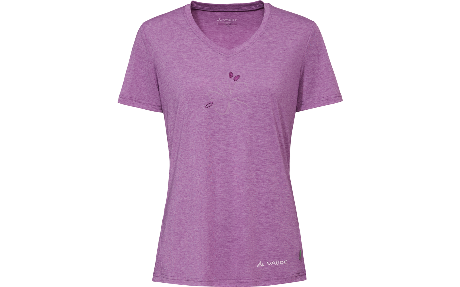 Lila V-Ausschnitt-T-Shirt, kurzärmlig, melierter Stoff, dezente Blumen-Skizze mittig, kleines Logo am Saum