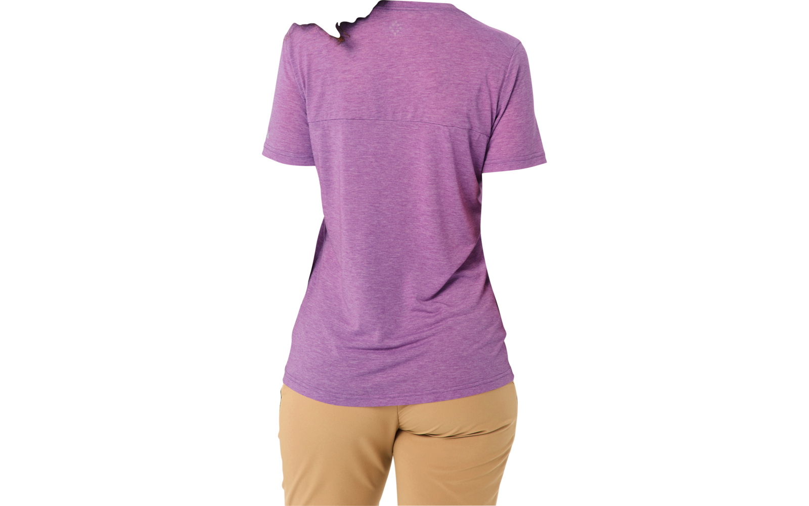 Person seen from behind with a brown ponytail, purple T-shirt and beige pants