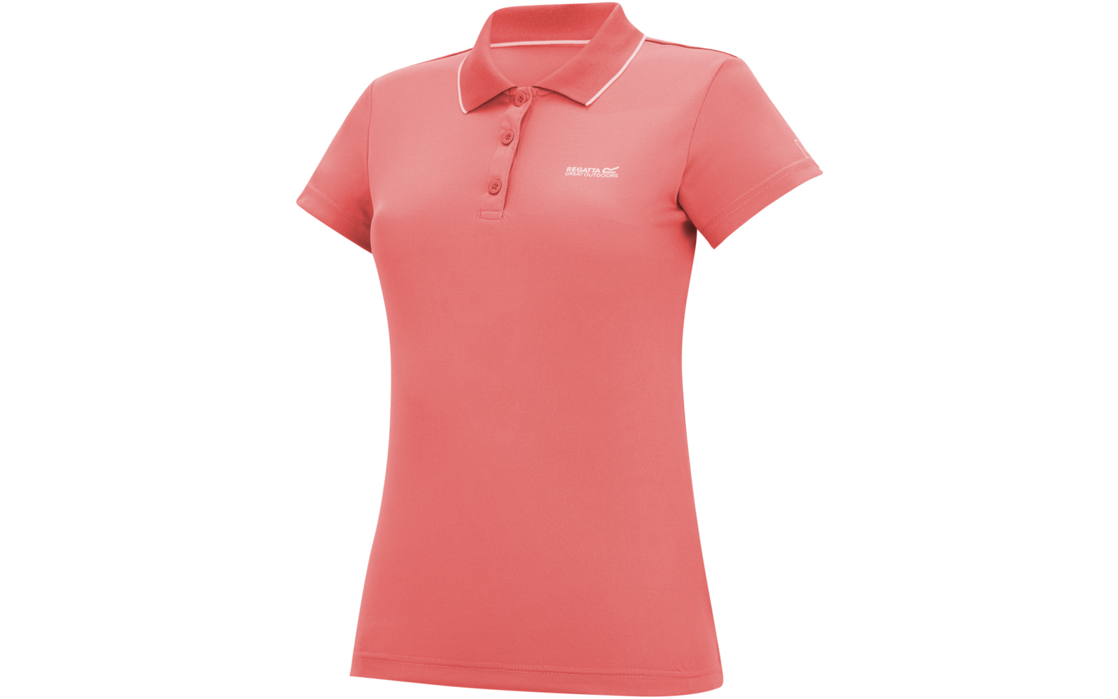 Rosafarbenes Poloshirt mit kurzen Ärmeln, Knopfleiste mit drei Knöpfen, weißer Paspel am Kragen und kleinem weißen Logo auf der linken Brust vor weißem Hintergrund