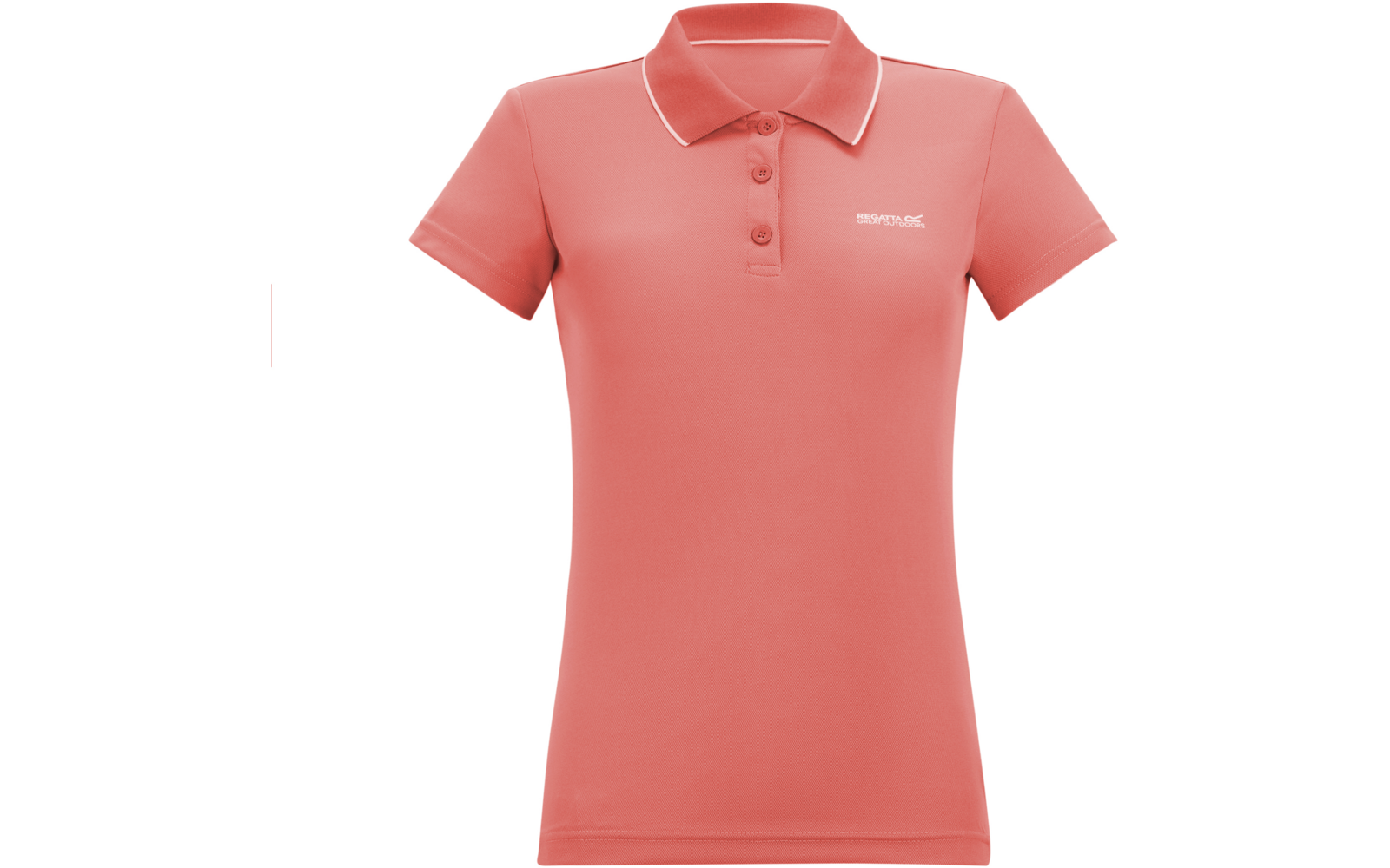 Koraalfarbenes kurzärmeliges Poloshirt mit Knopfleiste, weißer Paspel am Kragen und kleinem weißem Logo links auf der Brust