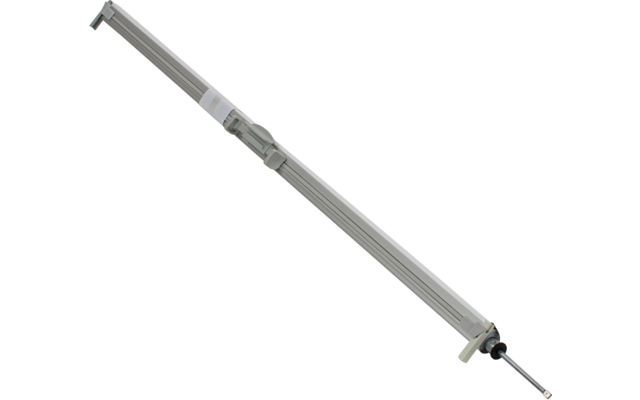 Long profilé métallique argenté avec rainures longitudinales, une fixation en plastique blanc à une extrémité et une tige métallique fine dépassante avec un collier en caoutchouc noir à l'autre extrémité