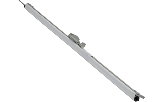 Long cylindre fin blanc‑gris avec une pince de fixation métallique au centre et fils rouge et noir visibles à une extrémité