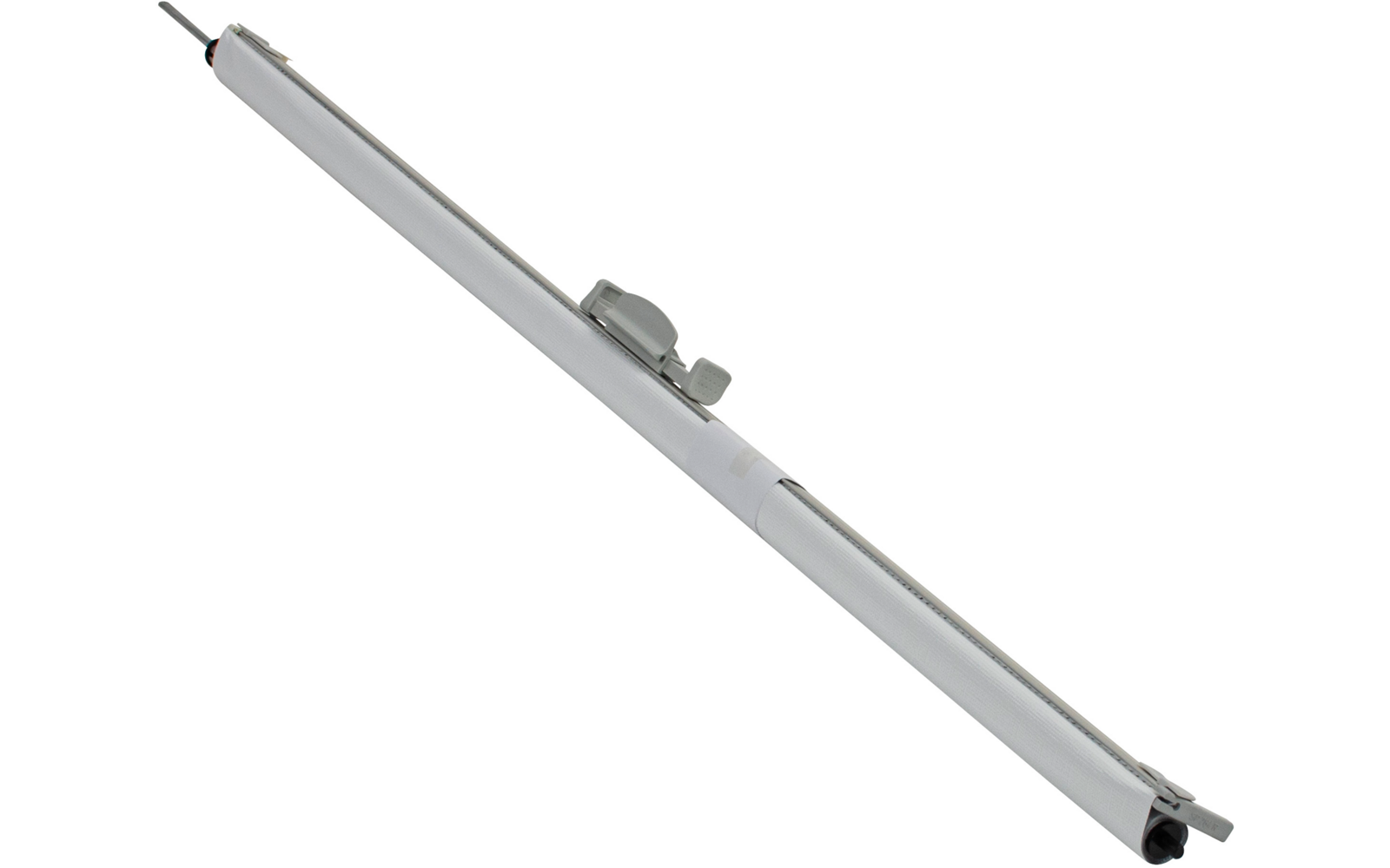 Long cylindre fin blanc‑gris avec une pince de fixation métallique au centre et fils rouge et noir visibles à une extrémité
