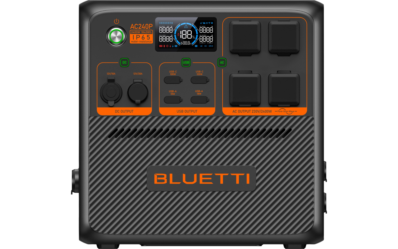Compacte gitaarversterker met knoppen, ingangen en oranje BLUETTI-logo
