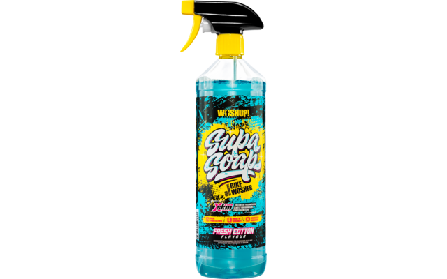 Plastiksprühflasche mit blauem Reiniger und gelbem Sprühkopf