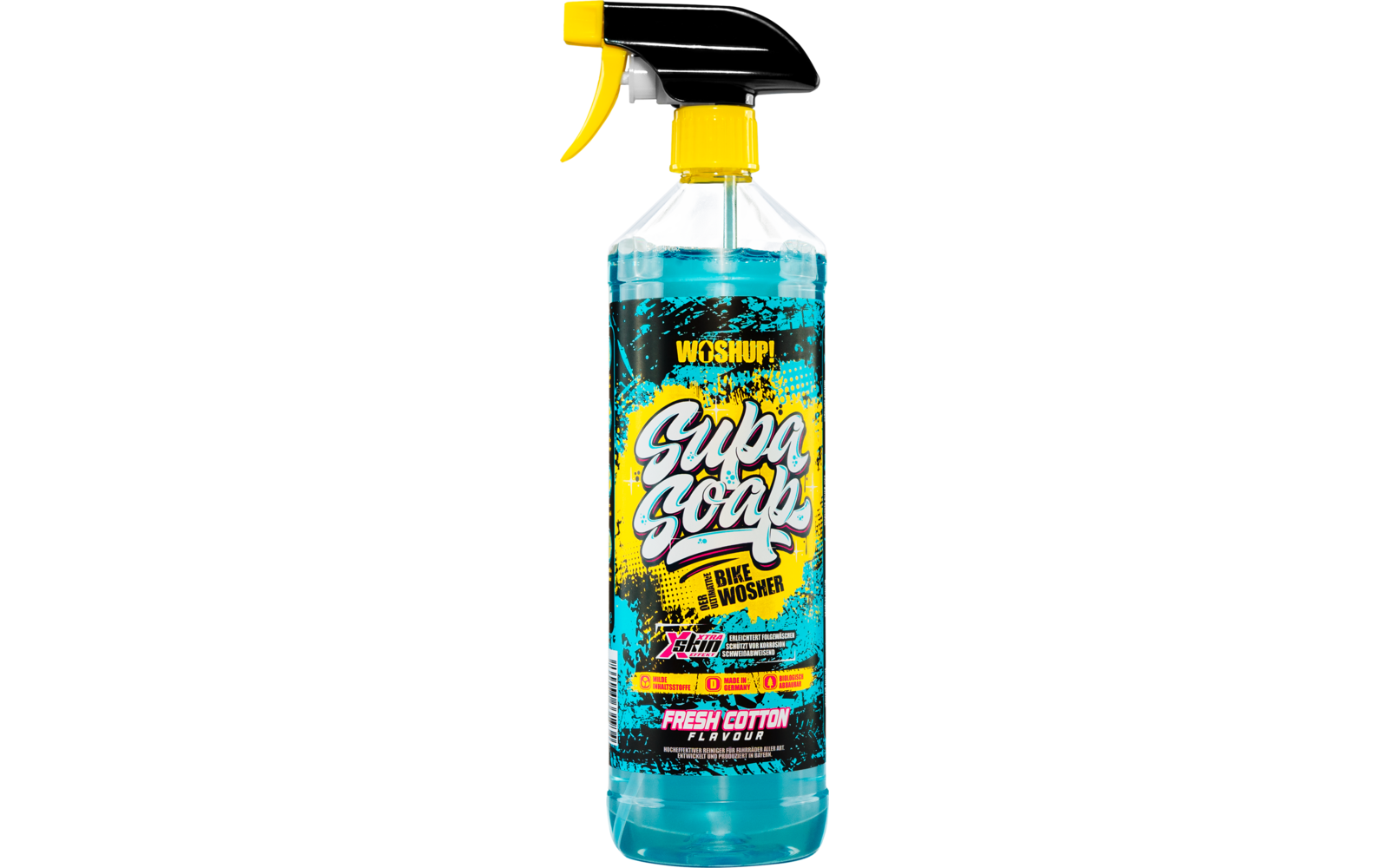 Plastiksprühflasche mit blauem Reiniger und gelbem Sprühkopf