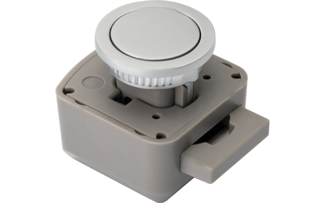 Graues elektrisches Bauteil mit rundem silbernem Knopf