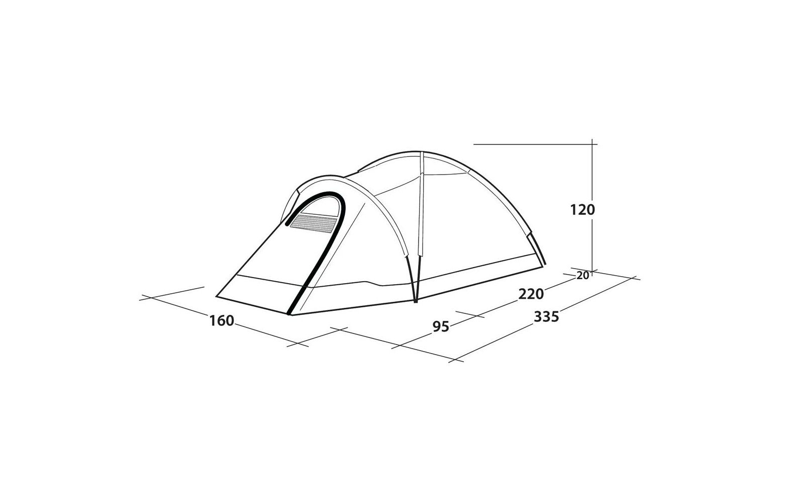 Seitenansicht eines Zeltes mit Vordach, drei bogenförmigen Gestängen, geöffneter Eingangsklappe und Maßangaben: 335 cm, 220 cm, 160 cm, 95 cm, 120 cm, 20 cm