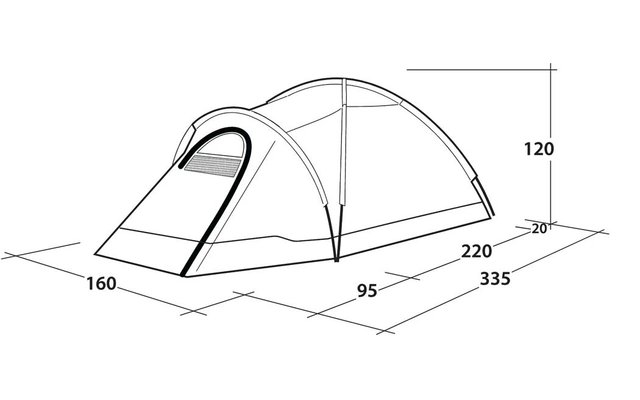 Seitenansicht eines Zeltes mit Vordach, drei bogenförmigen Gestängen, geöffneter Eingangsklappe und Maßangaben: 335 cm, 220 cm, 160 cm, 95 cm, 120 cm, 20 cm