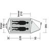 Draufsicht eines Zeltgrundrisses mit zwei liegenden Silhouetten und Maßangaben 'Inner 210', 'Inner 140', '220', '95', '160', '20'