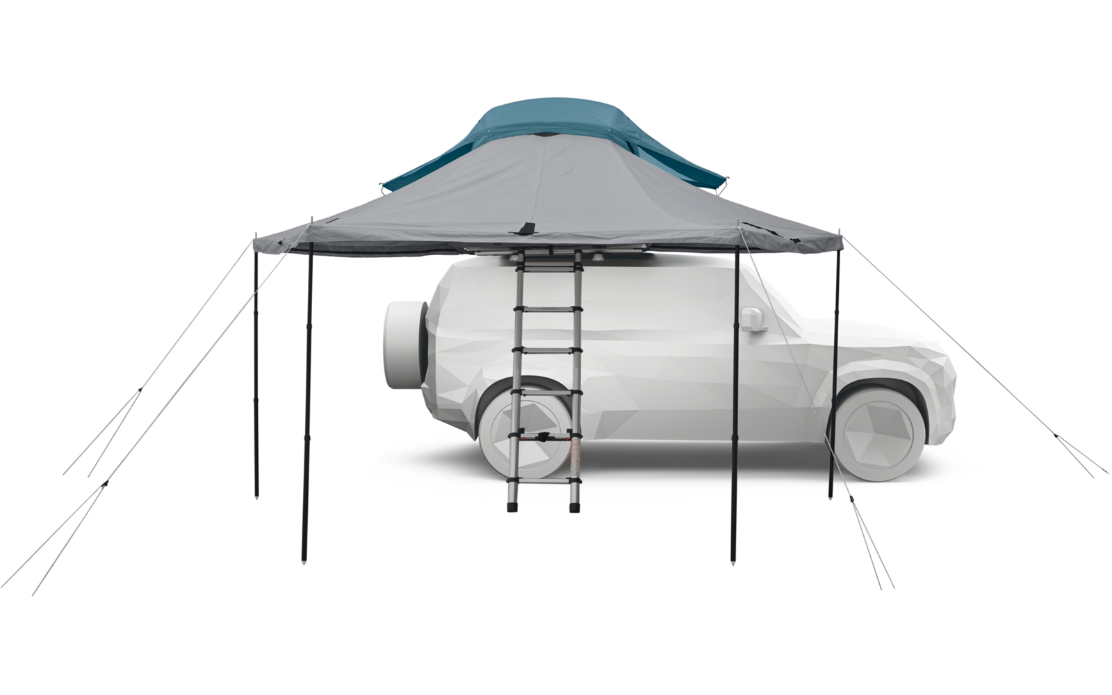 Weißes SUV mit aufgesetztem Dachzelt, ausklappbare Leiter zum Zelt, davor graues Sonnendach mit vier Stangen und Abspannleinen, Zeltoberseite türkis