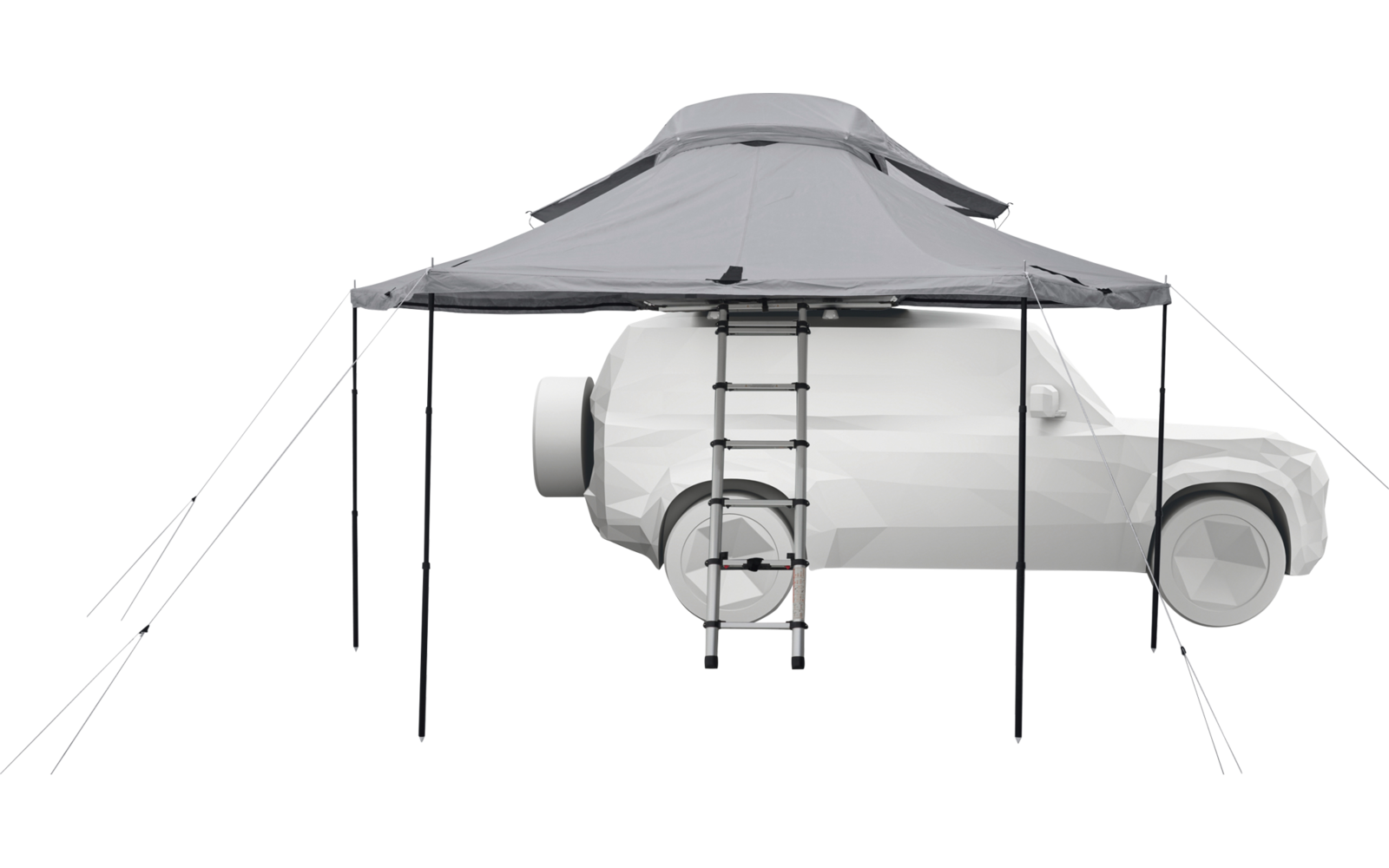 Fahrzeug mit aufgestelltem Dachzelt, vorne angebrachter Leiter und darüber gespanntes Vordach auf vier Stangen mit Abspannleinen