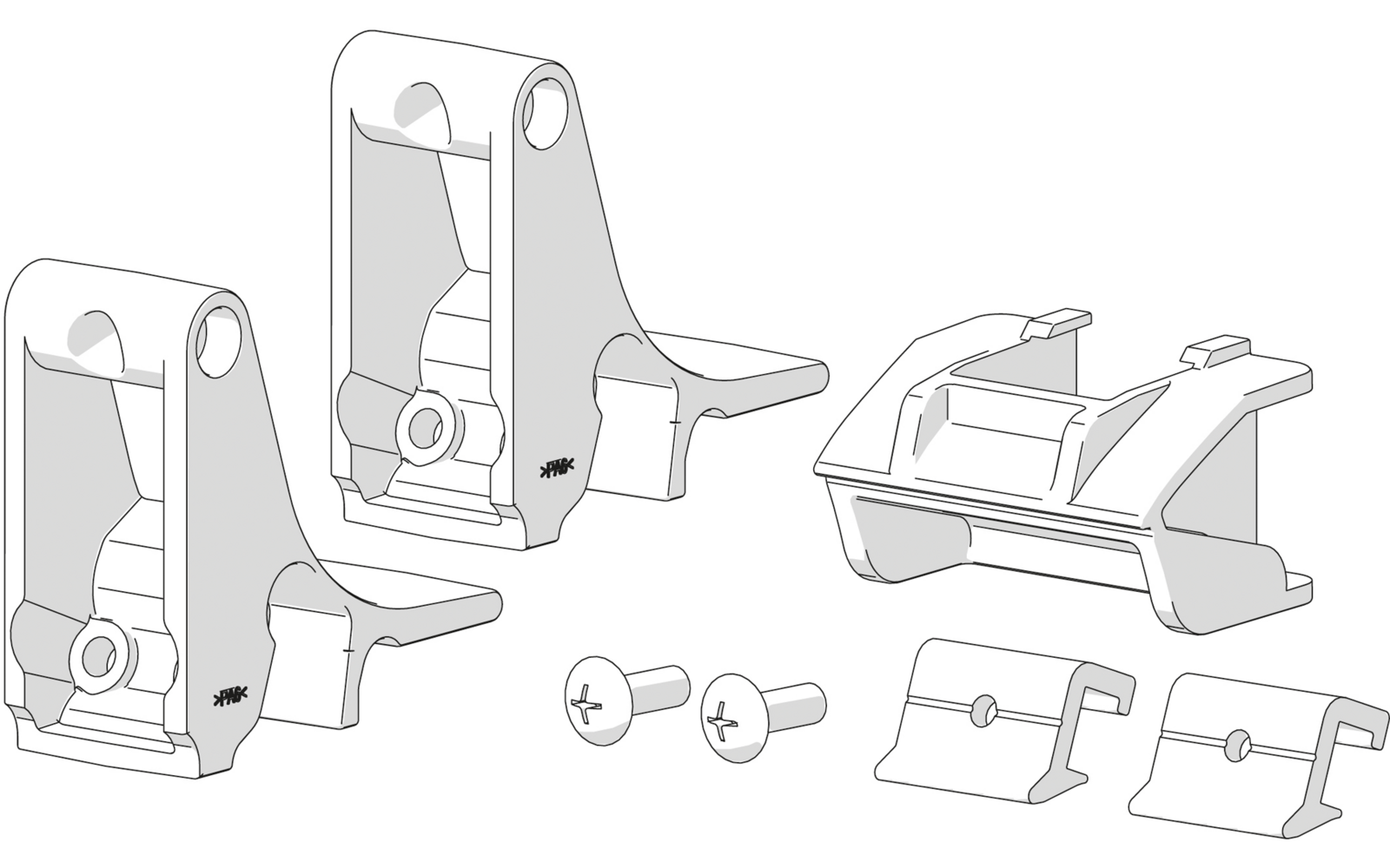Schwarz-weiße Strichzeichnung: zwei aufrecht stehende Halterungen, eine flache Halterung, zwei kleine Clips und zwei Schrauben