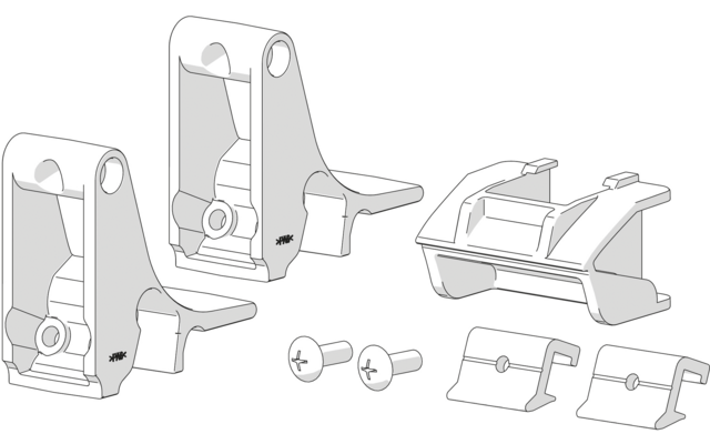 Schwarz-weiße Strichzeichnung: zwei aufrecht stehende Halterungen, eine flache Halterung, zwei kleine Clips und zwei Schrauben