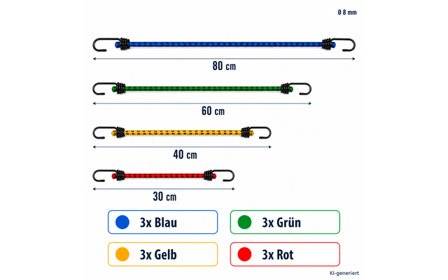 Vier elastische Bänder mit schwarzen Haken in Blau (80 cm), Grün (60 cm), Gelb (40 cm) und Rot (30 cm); Messpfeile; oben rechts 'Ø 8 mm'; unten vier farbige Kästchen mit den Beschriftungen '3x Blau', '3x Grün', '3x Gelb', '3x Rot' und kleiner Schrift