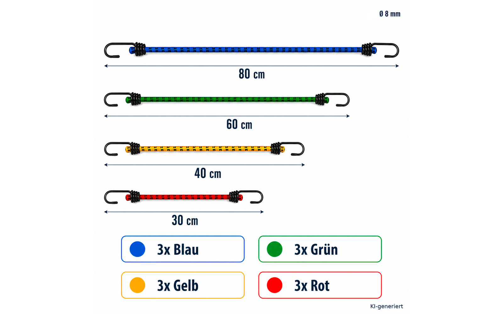 Vier elastische Bänder mit schwarzen Haken in Blau (80 cm), Grün (60 cm), Gelb (40 cm) und Rot (30 cm); Messpfeile; oben rechts 'Ø 8 mm'; unten vier farbige Kästchen mit den Beschriftungen '3x Blau', '3x Grün', '3x Gelb', '3x Rot' und kleiner Schrift