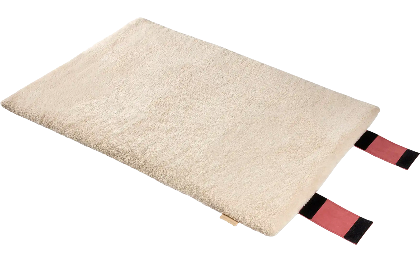 Beige Laptop-Hülle aus weichem Material mit zwei schwarzen und roten Laschen
