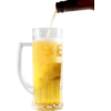 Brown bottle pouring golden beer into clear handled glass mug, foam on top, white background