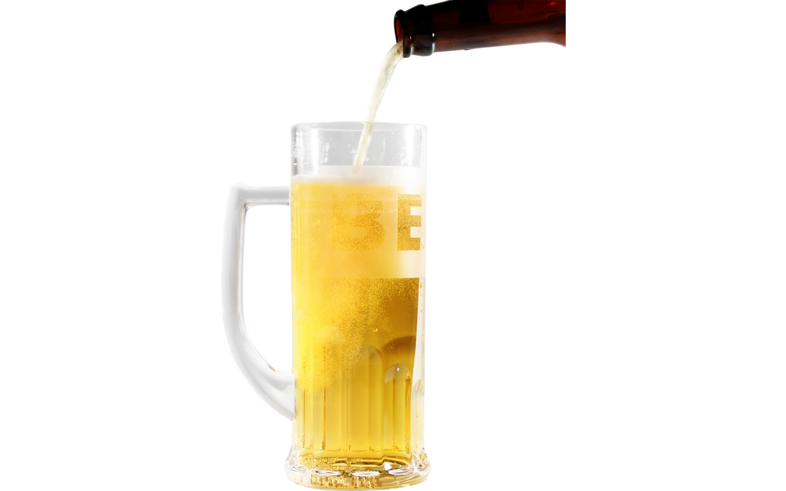 Brown bottle pouring golden beer into clear handled glass mug, foam on top, white background