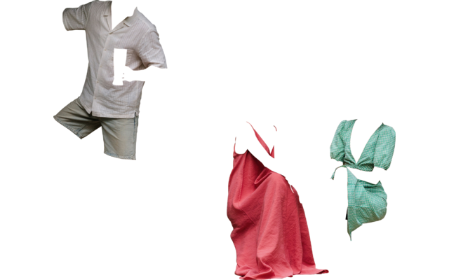 Three people on a wooden dock and by a thatched-roof hut at a pond; two women sit on the dock in pink and green dresses holding drinks, one wearing sunglasses; a barefoot man stands at the hut entrance holding a drink