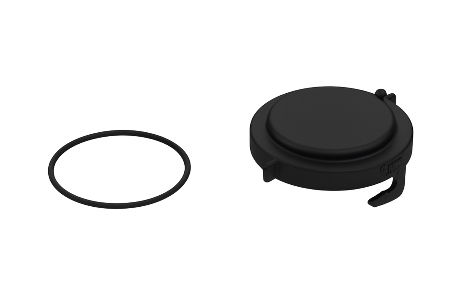 Objet rond en plastique noir avec un petit crochet latéral et, à côté, un anneau rond en caoutchouc noir sur fond blanc