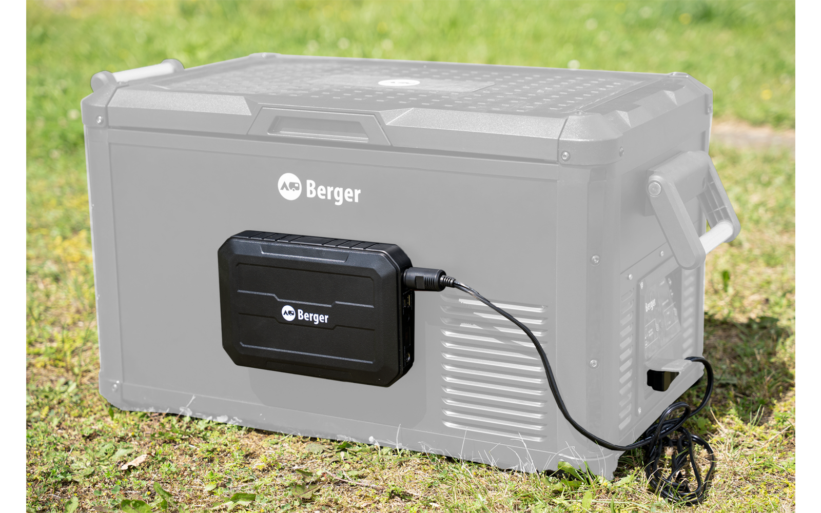 Enfriador eléctrico negro colocado sobre césped