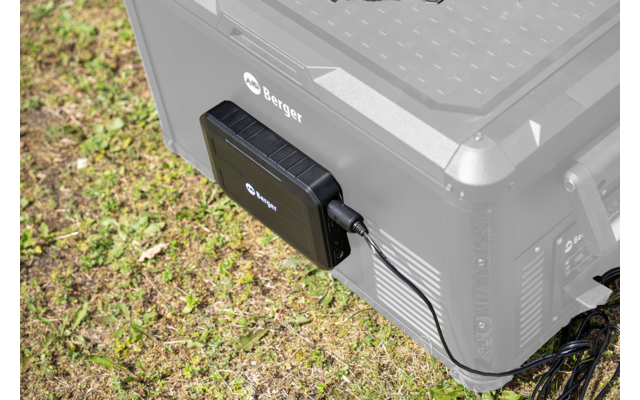 Generador portátil sobre césped con caja de conexión visible