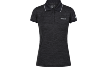 Dunkelgraues meliertes Damen-Polo mit kurzen Ärmeln, drei Knöpfen, Kragen mit weißer Paspel, kleines Logo auf linker Brust, kleiner Aufnäher am linken Ärmel